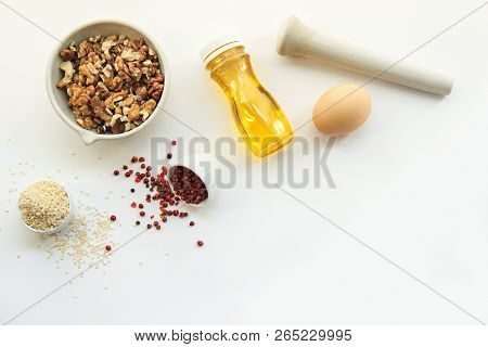 Keto Dieting. Ketogenic Foods On White Background With Copy Space. Low Carb, High Good Fat. Concept