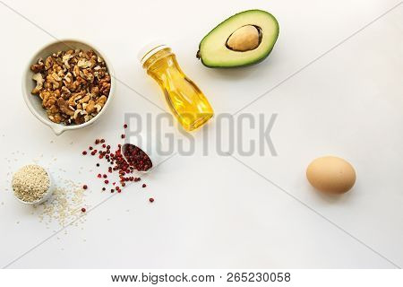 Keto Dieting. Ketogenic Foods On White Background With Copy Space. Low Carb, High Good Fat. Concept