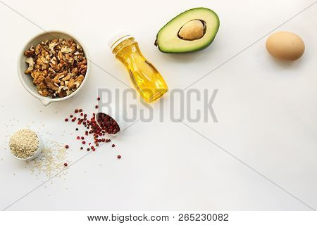 Keto Dieting. Ketogenic Foods On White Background With Copy Space. Low Carb, High Good Fat. Concept