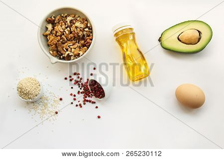 Keto Dieting. Ketogenic Foods On White Background With Copy Space. Low Carb, High Good Fat. Concept