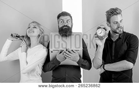 Girl Brushing Hair Men Work Laptop. Punctuality And Timing. Annoyed Boss. Unpunctual People Usually 