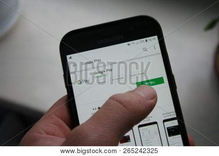 Rzeszow, Poland - 25/10/2018 -  Google Pay/ Gpay Logo App On  Samsung Phone Screen