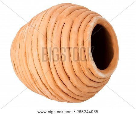 Unglazed Handmade Coiled Pottery Pot Made Of Red Clay Isolated On White Background. Teracota Vase. P