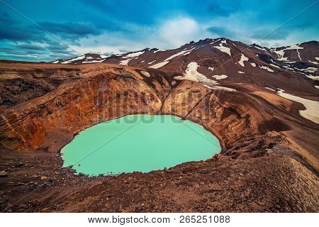 Viti Sulfur Blue Lake In Caldera Of Askja Volcano Crater In Iceland, Travel North Landscape. Panoram