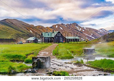 Landmannalaugar, Iceland - July 6, 2018 : View Of Building, Tents And Camping In Brennisteinsalda Ca