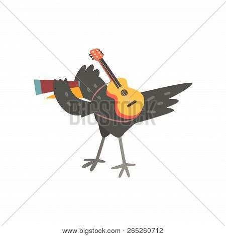 Raven Travelling With Guitar And Spyglass, Cute Cartoon Bird Having Hiking Adventure Travel Or Campi