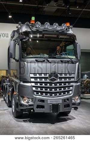 Hannover, Germany - Sep 27, 2018: Mercedes-benz Arocs 4163 S Heavy-duty Transport Truck Showcased At