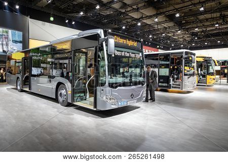 Hannover, Germany - Sep 27, 2018: New Mercedes-benz Citaro Hybrid Bus Showcased At The Hannover Iaa 