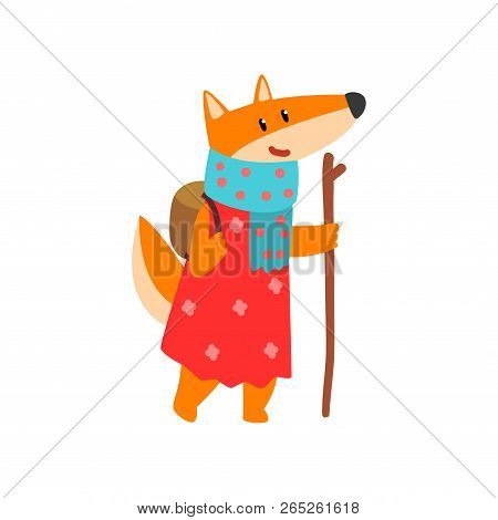 Fox Travelling With Backpack And Staff, Cute Cartoon Animal Having Hiking Adventure Travel Or Campin