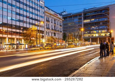 Athens, Greece - October 24, 2018: People At Pedestrian Crossing In Syntagma Square In Central Athen