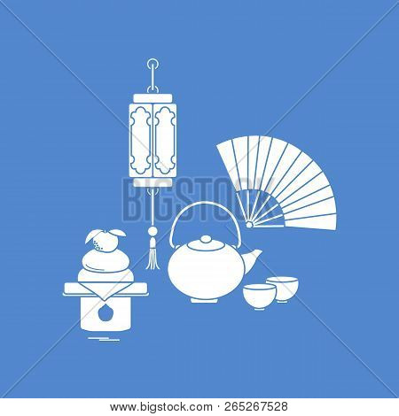 Eastern New Year Symbols. Chinese Lantern, Kettle With Two Cups, Fan, Kagami Mochi. Festive Traditio