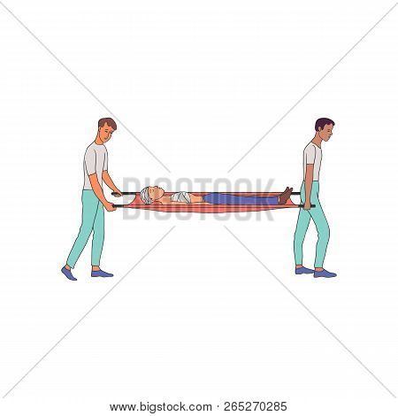 First Aid Vector Illustration - Medical Specialists Carry Sick Person With Bandages On Stretchers.