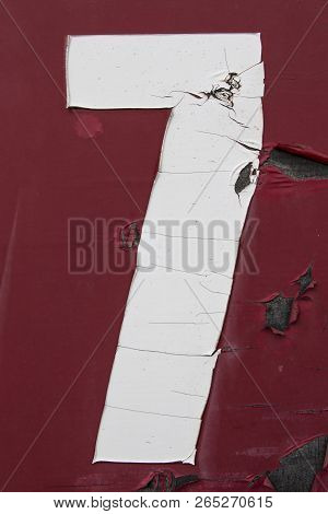 Number Seven Painted On Grungy Surface, Number 7, Seven, Old Sticker Number On Board