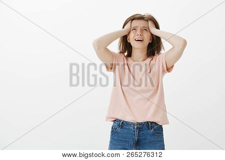 God Why Me. Portrait Of Miserable Sad Caucasian Woman In Casual Outfit, Whining And Crying While Loo