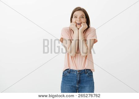 Girl Being Charmed And Excited Seeing Cute Kitten Wanting Take It Home. Attractive Joyful Woman Hold