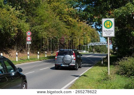 Bottrop, Germany - August 29, 2018: School Bus Stop Along A Busy Road