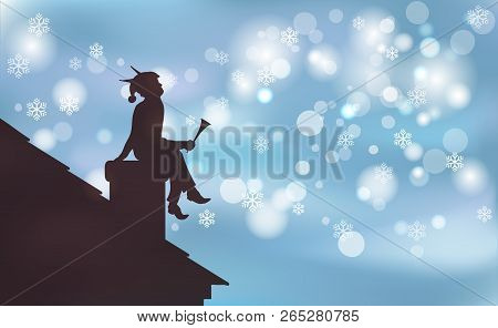 Artwork Background Happy Christmas, Elf Sitting On Pipe, Enjoyed Night Snowfall. The View From The R
