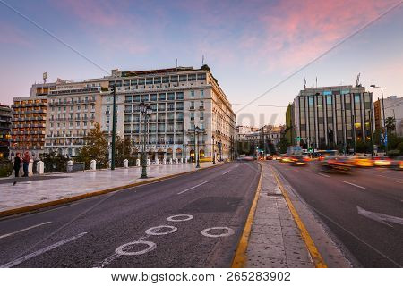 Athens, Greece - October 24, 2018: Traffic In Syntagma Square In Central Athens.