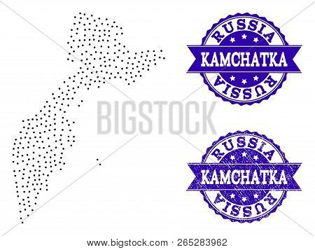 Dotted Black Map Of Kamchatka Peninsula And Blue Rubber Seal. Vector Map Of Kamchatka Peninsula Desi