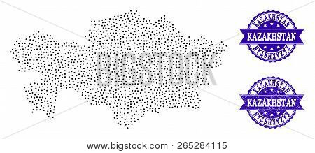 Dotted Black Map Of Kazakhstan And Blue Rubber Seal. Vector Map Of Kazakhstan Designed With Irregula