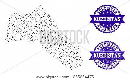 Dotted Black Map Of Kurdistan And Blue Scratched Seal. Vector Map Of Kurdistan Constructed With Irre