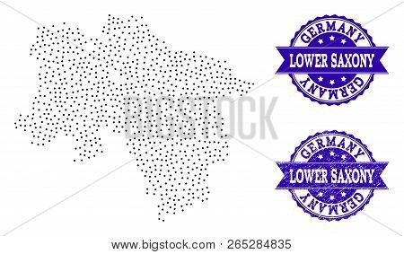 Dotted Black Map Of Lower Saxony State And Blue Rubber Seal. Vector Map Of Lower Saxony State Constr