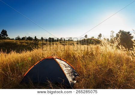 Outdoors Camping Grass Highlands Mountain In The Sunset.