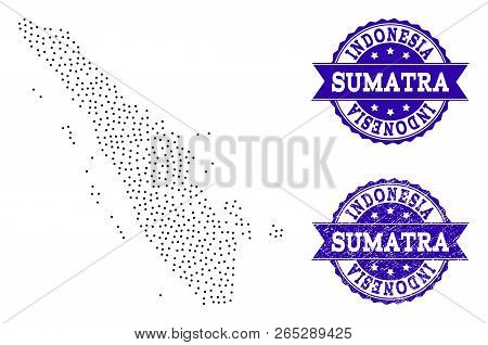 Dotted Black Map Of Sumatra Island And Blue Corroded Seal. Vector Map Of Sumatra Island Constructed 