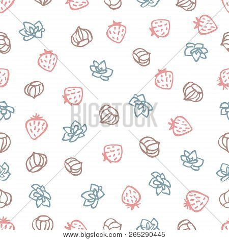 Strawberries, Nuts And Succulents Signs Seamless Pattern. Hand Drawn Doodle Symbols On White Backgro