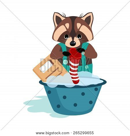 Raccoon Washes Clothes On The Washboard. Vector Illustration