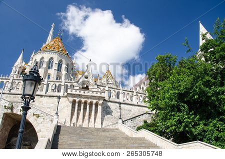 Halaszbastya Fisherman Bastion In Front Of Blue Sky, Budapest, Hungary