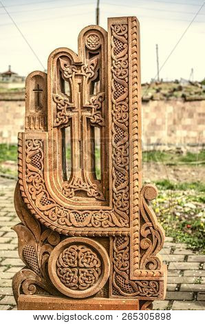 Oshakan,armenia,19 Februar,2018: Stone Cross Carved With Ornaments In The Form Of The Thirtieth  Let