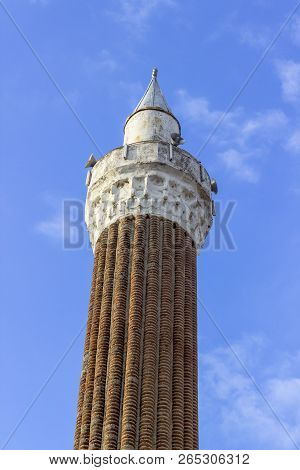 Vertical Shoot Of 500 Years Old Masony Mosque Minaret In Local Places Of Turkey
