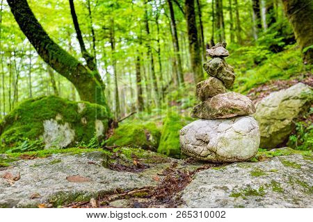 Pebbles, Stacked Stones As Stone Statues On The River Vydra, Bohemian Forest, Short Depth Of Field, 