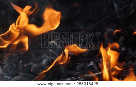 Fire Flame Smoke Embers To Fry On The Street Close-up