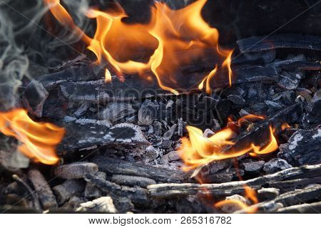 Fire Flame Smoke Embers To Fry On The Street Close-up