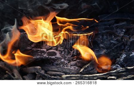 Fire Flame Smoke Embers To Fry On The Street Close-up