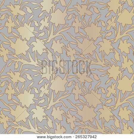 Botanical Seamless Pattern With Silhouettes Hand Drawn Flowers Daffodils, Narcissus On Grey Backgrou