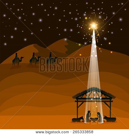 Christmas Desert Scene With Holy Family In Stable Vector Illustration Design