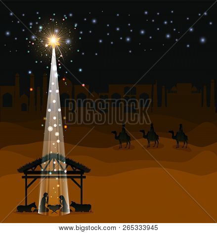 Christmas Desert Scene With Holy Family In Stable Vector Illustration Design