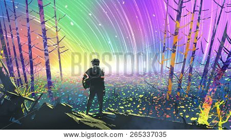 Scenery Of The Explorer Looking At Flower Fields In Colorful Planet, Digital Art Style, Illustration