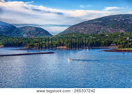 A Fishing Boat In Early Morning Water Near Bar Harbor