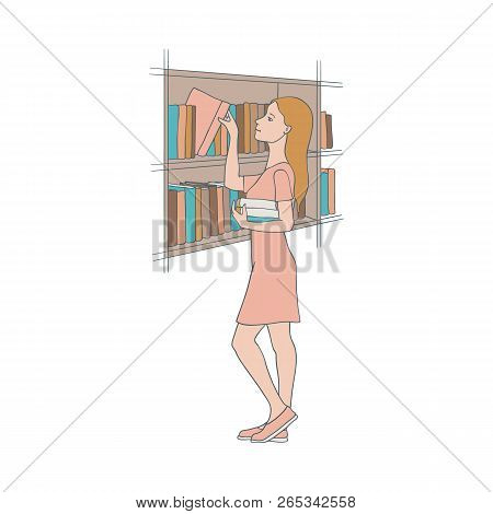 Vector Illustration Of Girl In Library - Woman Standing Near Bookshelf And Choosing Literature To Re