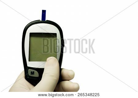 Hand Of Doctor In White Medical Glove Holding Glucose Meter With Sheet Check Isolate On White Backgr