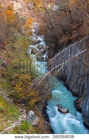 Wild River Stream Among Cliffs And Rocks, Enguri, Autumn Time In Mestia, Svaneti, Georgia