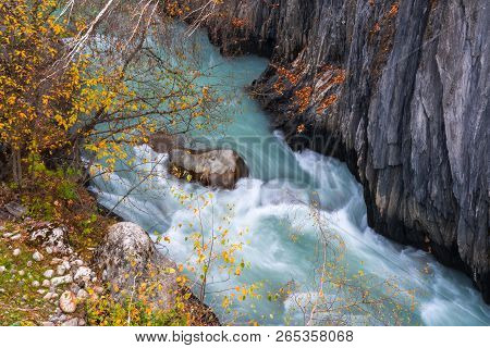 Wild River Stream Among Cliffs And Rocks, Enguri, Autumn Time In Mestia, Svaneti, Georgia
