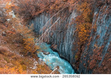 Wild River Stream Among Cliffs And Rocks, Enguri, Autumn Time In Mestia, Svaneti, Georgia