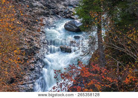 Wild River Stream Among Cliffs And Rocks, Enguri, Autumn Time In Mestia, Svaneti, Georgia