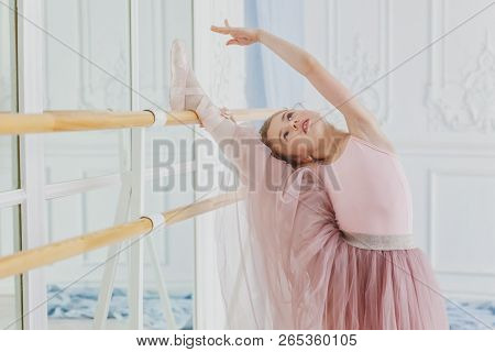 Young Classical Ballet Dancer Girl In Dance Class. Beautiful Graceful Ballerina Practice Ballet Posi