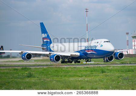 Kyiv Region, Ukraine - August 1, 2018: Silkway Boeing 747-800 Taxiing To The Runway For Takeoff